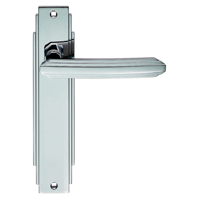 Polished chrome door handle on backplate.