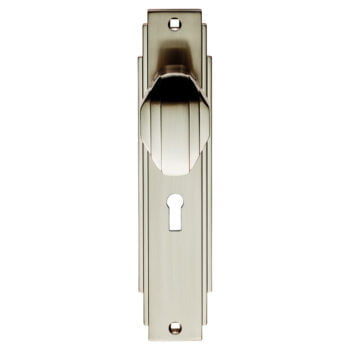 Brushed nickel door handle with keyhole, front view.