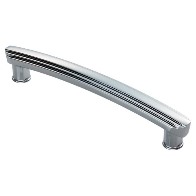 Chrome-plated cabinet handle on white background.