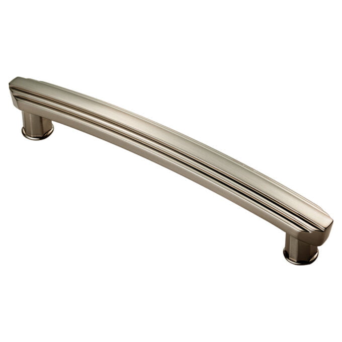 Polished nickel cabinet handle isolated on white background.