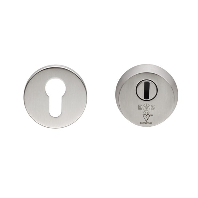 Stainless steel keyhole cover and lock cylinder.