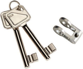 Three metal keys on keyring with clip.