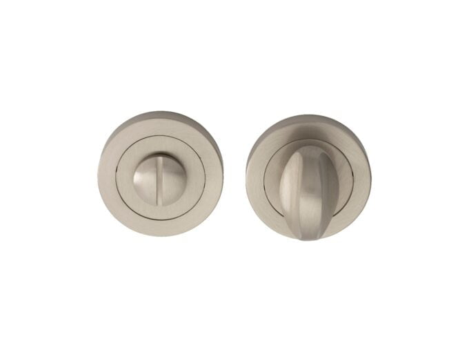 Two satin nickel door knobs on white background.