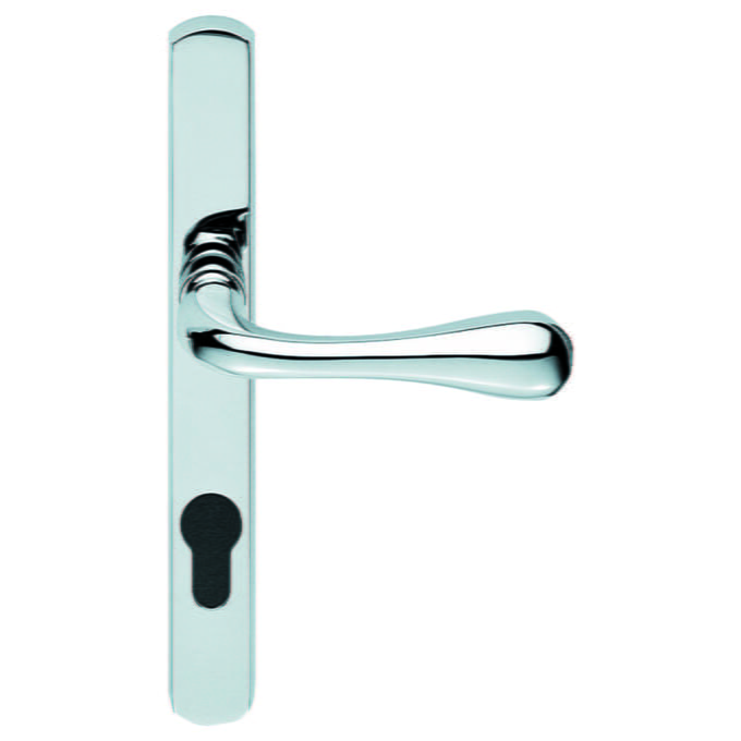 Polished chrome door handle with keyhole.