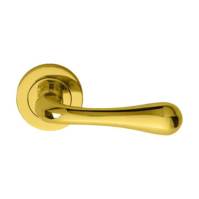 Polished gold door handle on white background.