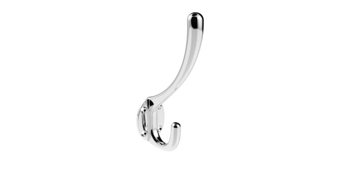 Polished chrome double hook on white background