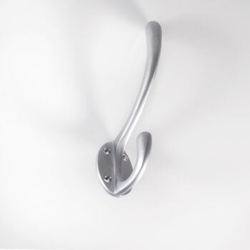 Silver wall-mounted coat hook on white background.