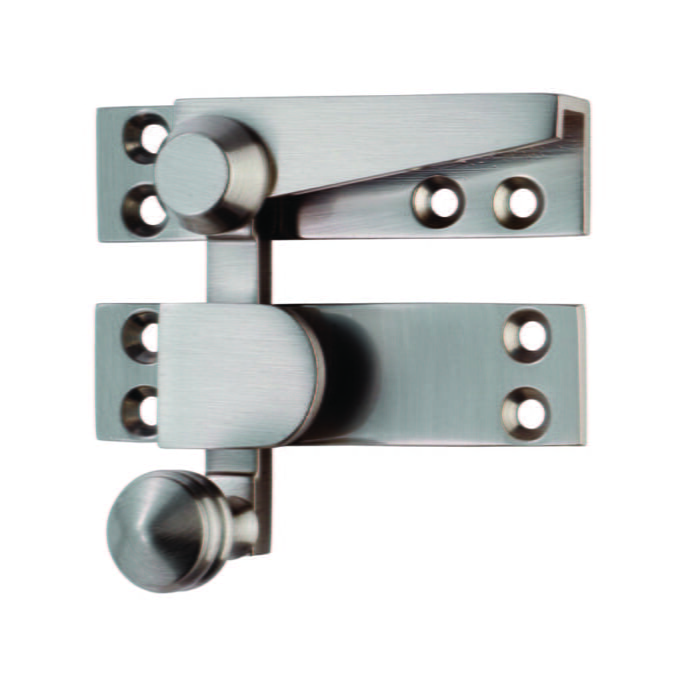 Stainless steel sliding door bolt isolated on white.