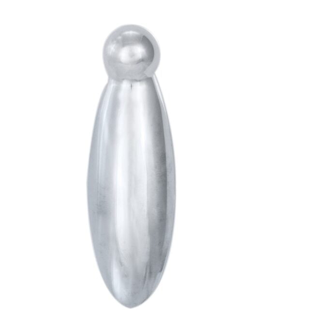 Silver metallic capsule-shaped object with spherical top.