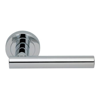 Chrome door handle on circular mount.