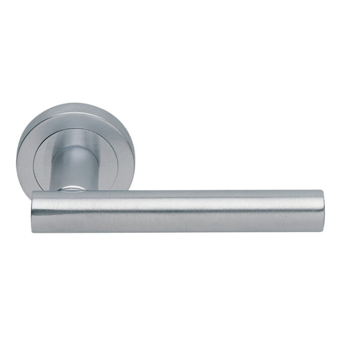 Stainless steel modern door lever handle on rosette.