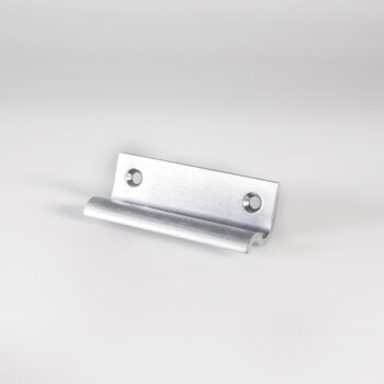 Silver metal door latch on white background.
