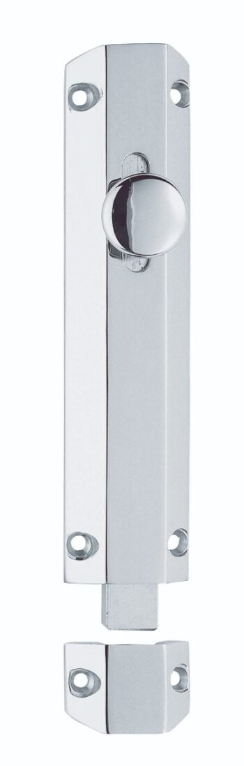 Chrome door bolt with circular sliding lock mechanism.