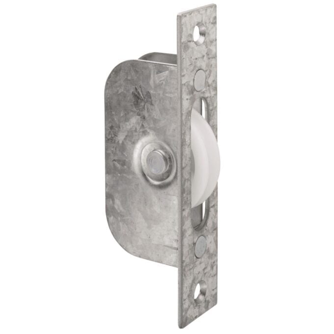 Galvanised steel pulley with mounting bracket.