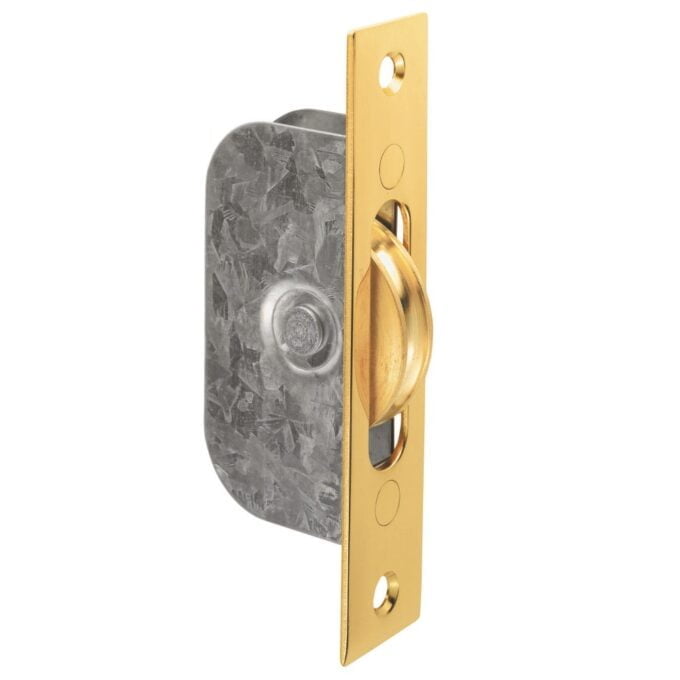 Brass doorknob on galvanised steel faceplate.