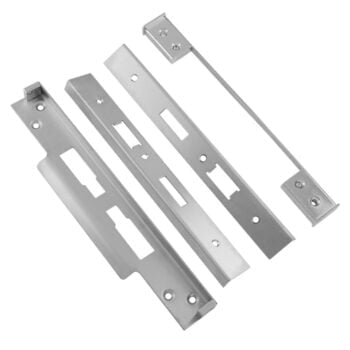 Stainless steel door reinforcement plates and strike plate.