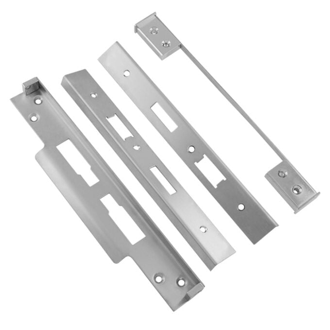 Stainless steel door reinforcement plates and strike plate.