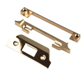 Brass door handles and lock plate isolated on white.