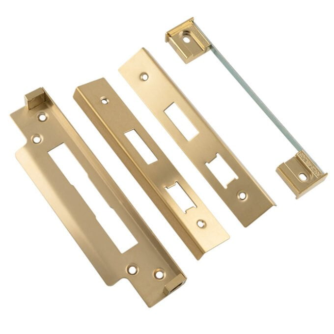 Gold strike plates and latch for door security.