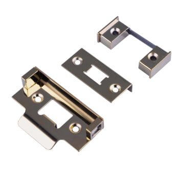 Chrome door latch and strike plate hardware set.