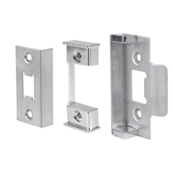 Three types of metal door strike plates.