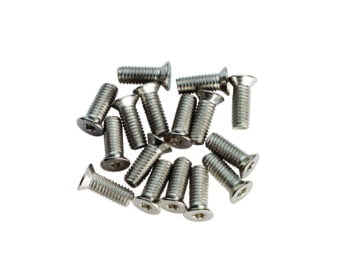 Assorted stainless steel machine screws on white background.