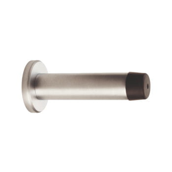 Stainless steel cylindrical door handle on plate.