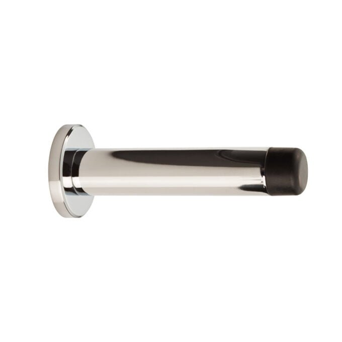 Chrome bathroom door handle on white background.