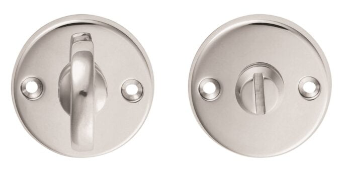 Two silver bathroom privacy locks side by side.