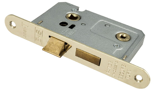 Brass and steel door lock mechanism.