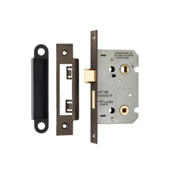 Mortise lock set with strike plate and latch.