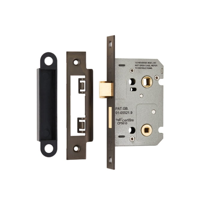 Mortise lock set with strike plate and latch.