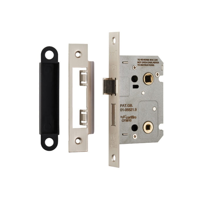 Reversible mortice lock with strike plate, isolated on white.