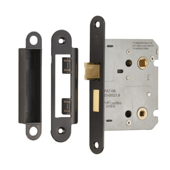 Mortice sashlock with black faceplates and brass latch.