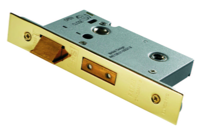 Gold-toned, high-security door lock mechanism.