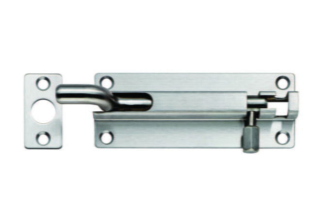 Stainless steel sliding bolt latch isolated on white.