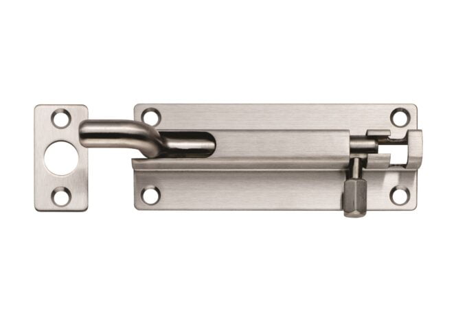 Stainless steel sliding bolt latch isolated on white.