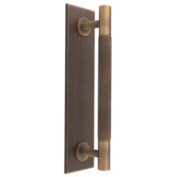 Bronze door handle on rectangular plate, textured grip.