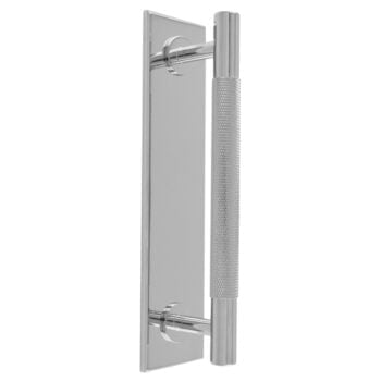 Chrome door handle with textured grip on reflective plate.