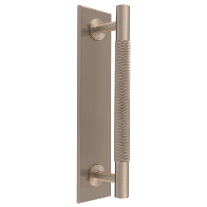 Modern nickel door handle on plate.