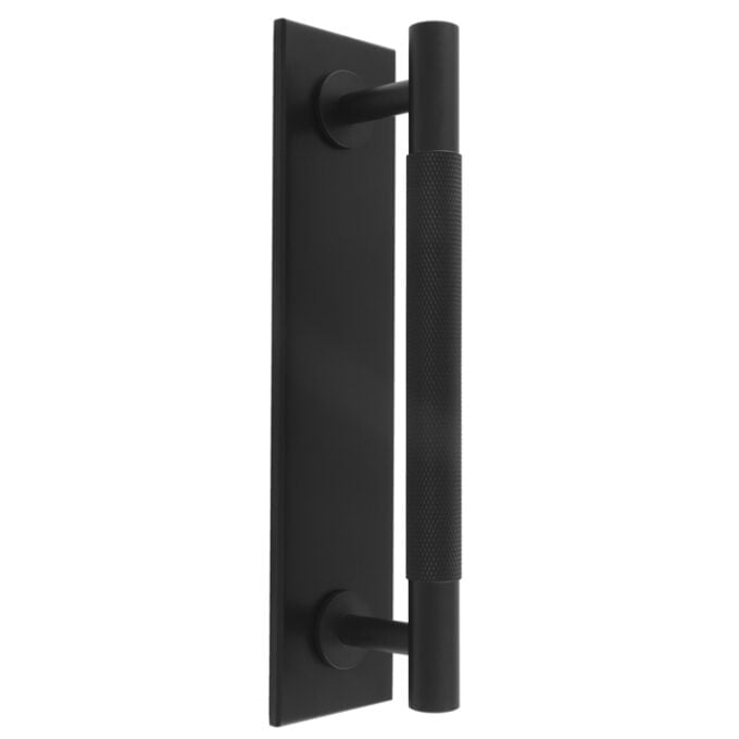 Black vertical door handle on plate with textured grip.