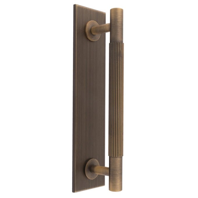 Antique bronze door handle with vertical plate