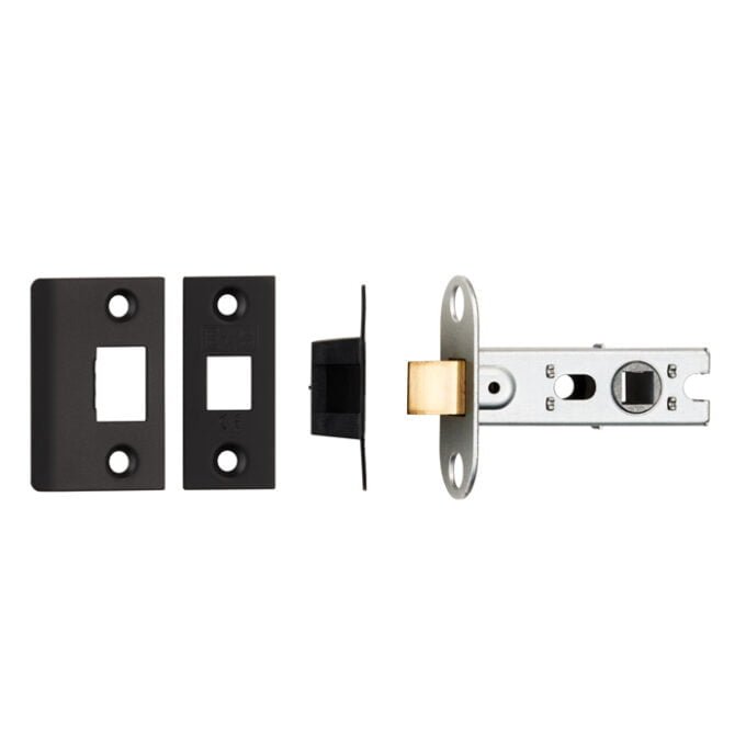 Disassembled door lock and striker plate, isolated on white.