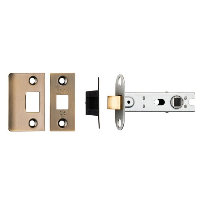 Disassembled door lock mechanism on white background