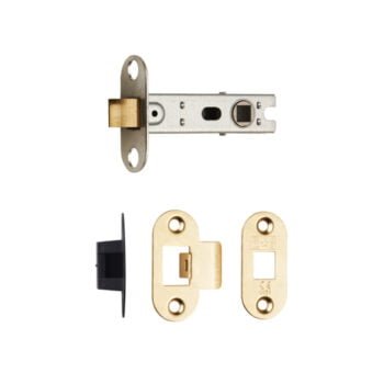 Disassembled brass door lock on white background.