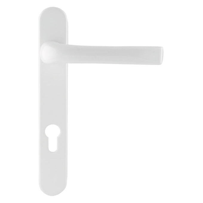 White door handle with keyhole on white background.