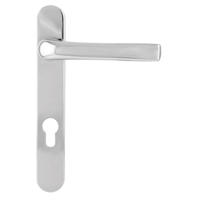 Chrome door handle with keyhole on white background