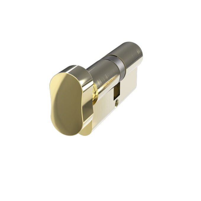 Gold and silver cylinder lock on white background.