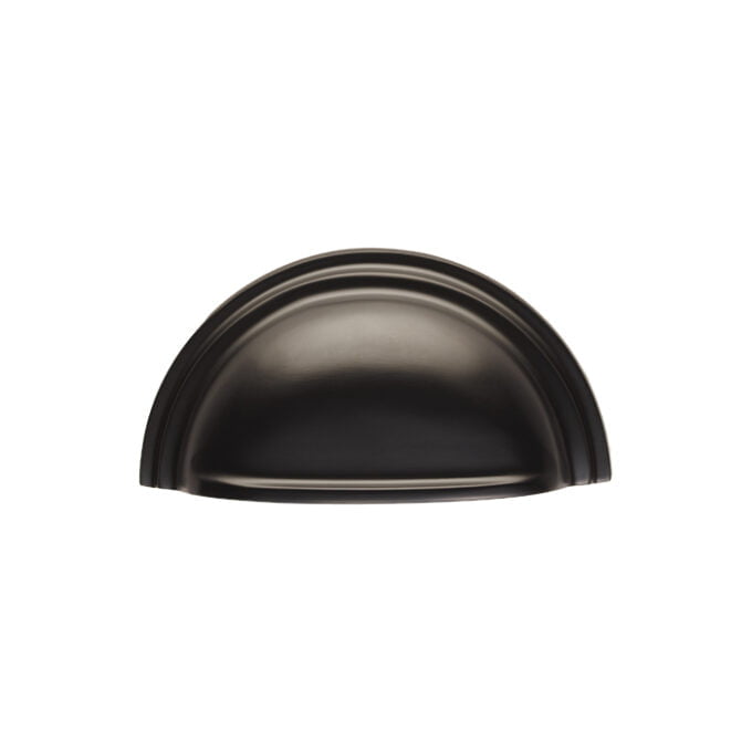 Black semi-circle cabinet drawer pull on white background.