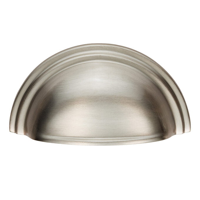 Brushed nickel cabinet handle on white background.